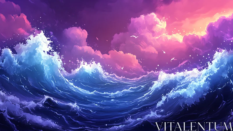 Radiant twilight waves dancing beneath rosy storm clouds.