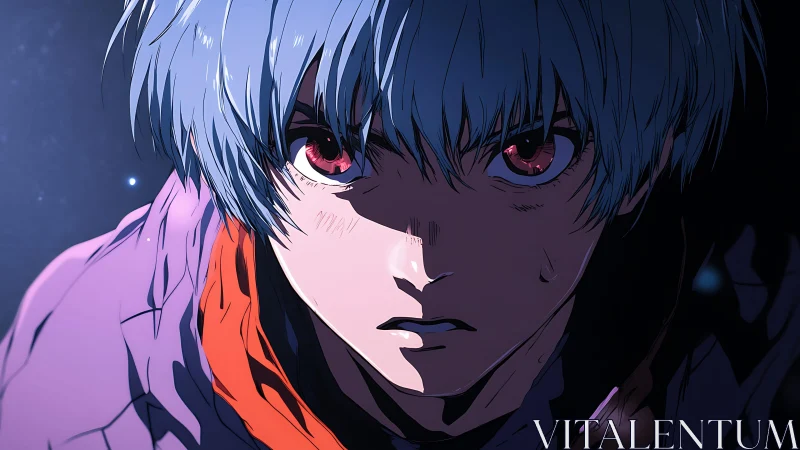 Intense close-up of silver-haired anime hero in harsh shadow.