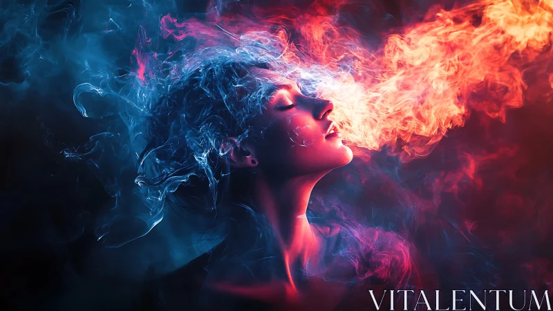 Woman exhales vivid fire through swirling neon smoke.