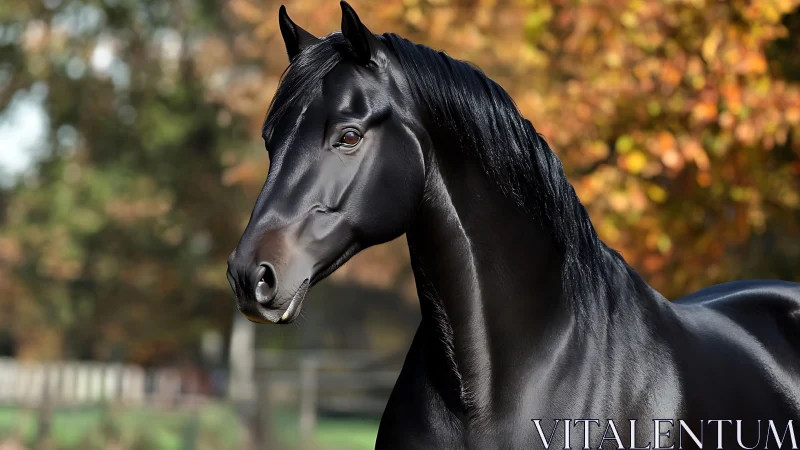 Specular black stallion portrait with autumnal bokeh field.