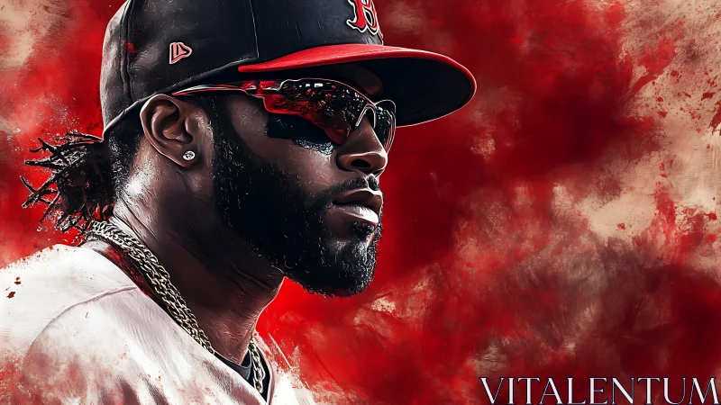 Side profile of baseball player in red uniform against abstract