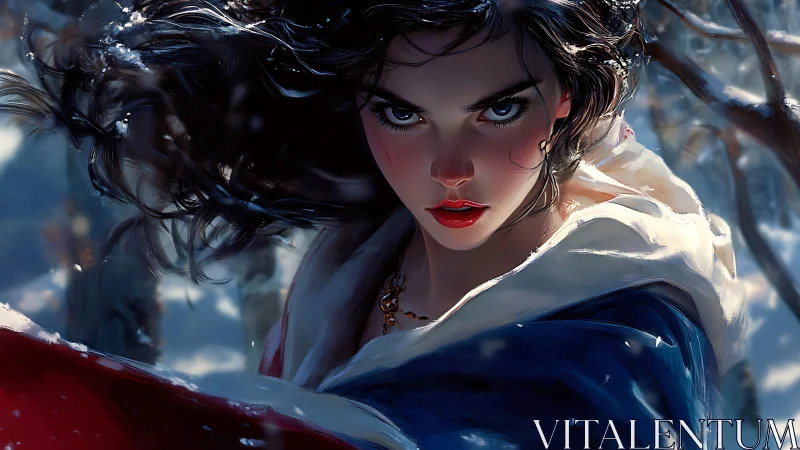 Snowlit heroine portrait with dynamic cloak and winter forest