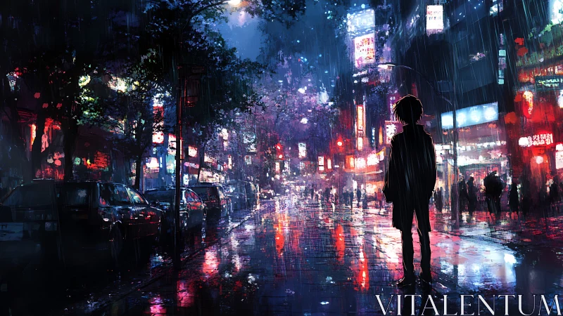 Silhouetted figure in neon city street during heavy rain.