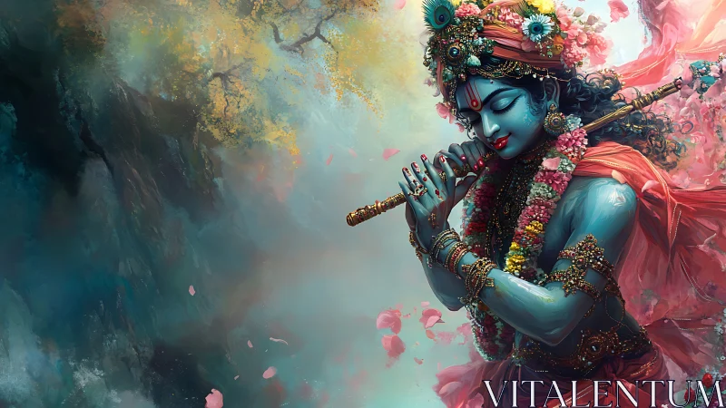 Blue-skinned deity playing flute amid petals and mist.
