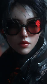 Midnight courier watches neon ghosts flicker in her shades
