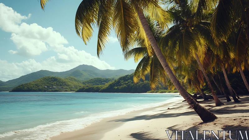 Tropical Paradise Beach With Palm Trees and Mountains.