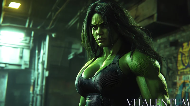 Powerful green heroine stands tense in gritty alleyway night scene.