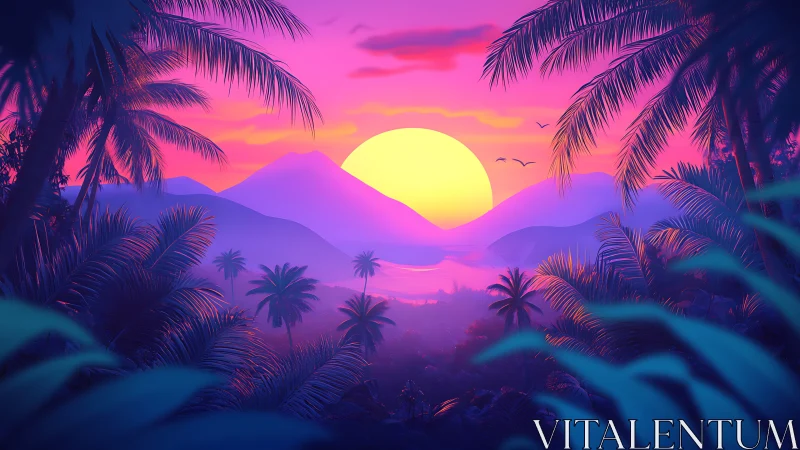 Neon Tropic Sundown over Dreamlike Palm Valleys.