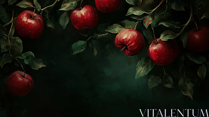 Ripe red apples glowing softly against deep forest green.