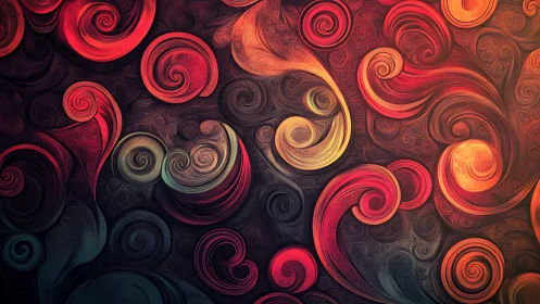 Swirling crimson and gold vortexes in textured digital abstraction.