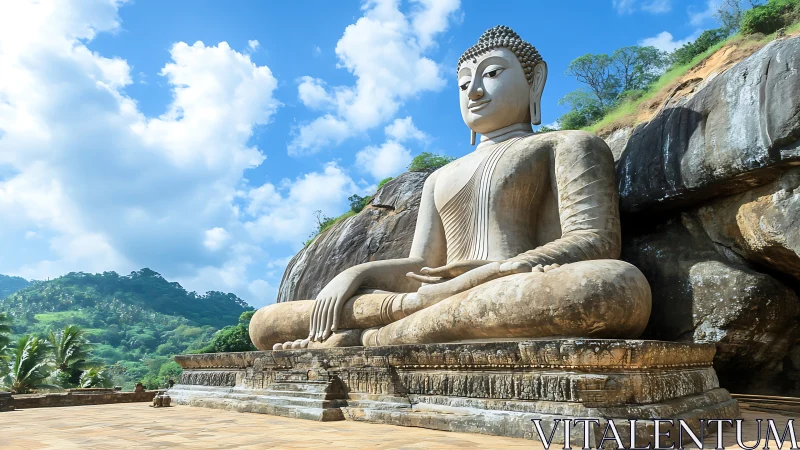 Mountain-side Buddha in stone calm beneath rolling skies.