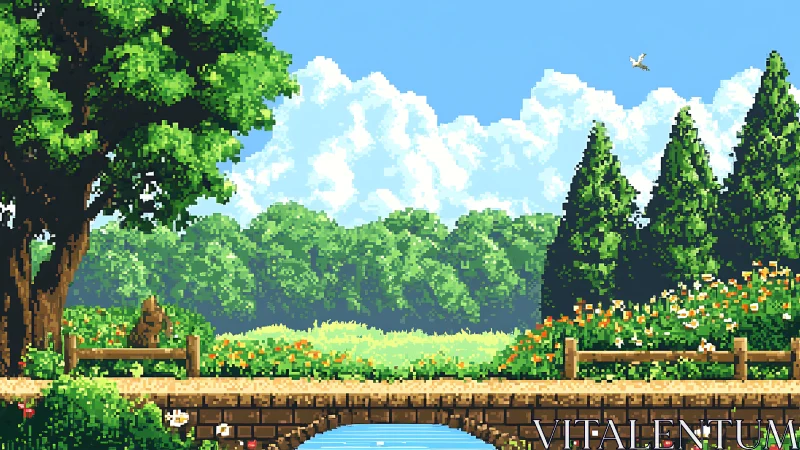 Pixel art landscape depicts rustic bridge in lush summer park