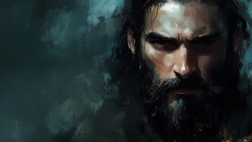 Brooding bearded warrior portrait in moody teal chiaroscuro.