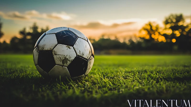 Grass-stained soccer ball quietly guards a sunset field