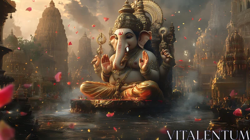 Majestic Ganesha afloat in rose-lit temple river dreamscape.