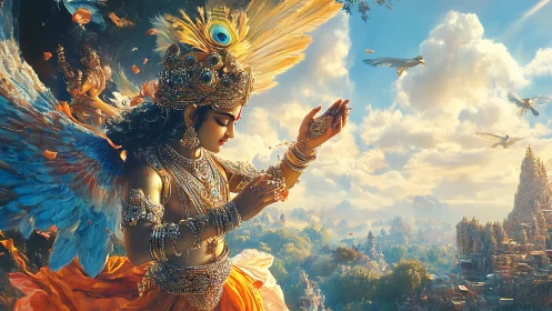 Celestial dancer draped in jeweled wings above golden temples.