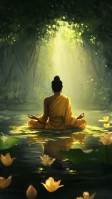 Monk meditates on lotus pond under radiant forest light.