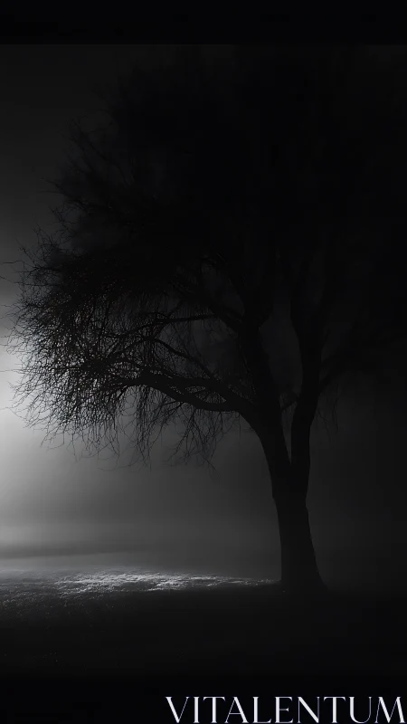 Solitary winter tree in high-contrast monochrome fogscape.