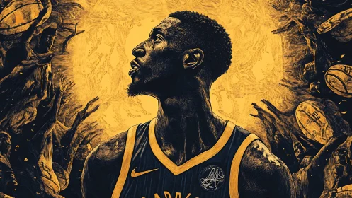 Stylized basketball portrait with textured golden backdrop.