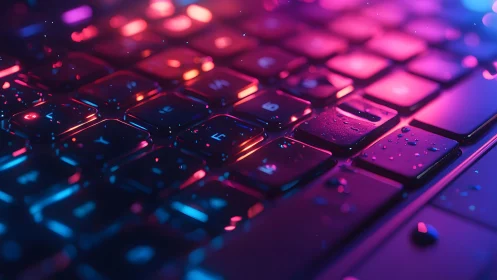Close-up of Wet Keyboard with Neon Lighting, Futuristic Style.