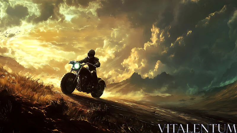 Lone biker carves firelit trails beneath storm-split skies.