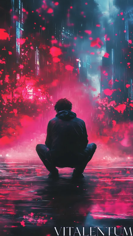 Solitary figure in neon rain with vivid pink urban glow.