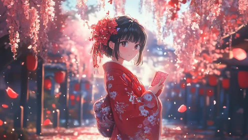 Kimono-clad girl under cascading cherry blossoms at dusk.