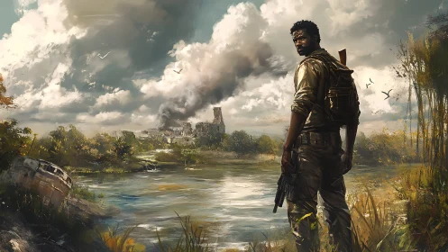 Post-apocalyptic survivor overlooking ruined riverside cityscape