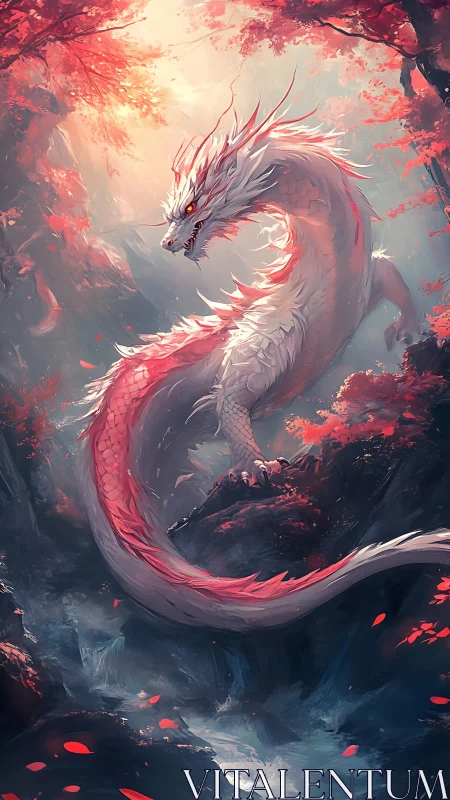 Crimson river dragon coils through a glowing autumn gorge.