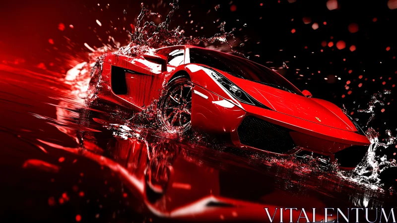 Red supercar rendering slicing through liquid splash at speed