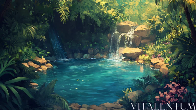 Sunlit jungle pool with cascading twin waterfalls in view