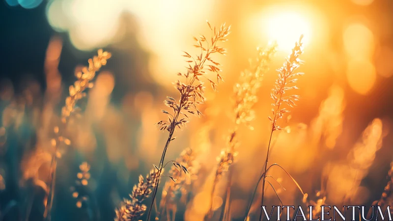 Backlit grass stems in low-angle warm evening sunlight.