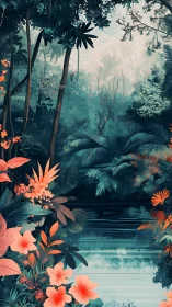 Tropical riverside vegetation in stylized turquoise palette.