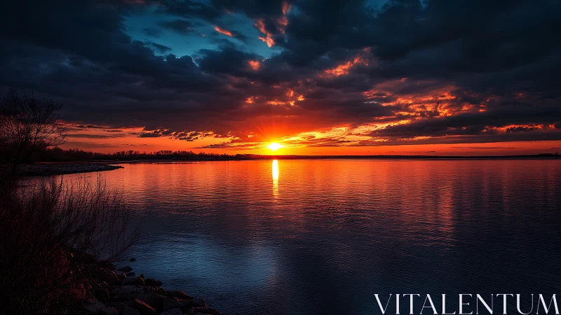 Spectral gradient sunset over lacustrine horizon with cloud dynamics.