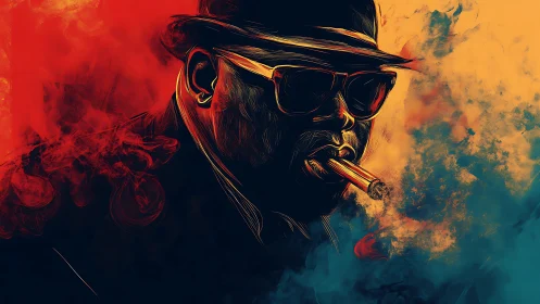 Portrait of man with cigar in stylized colored smoke.