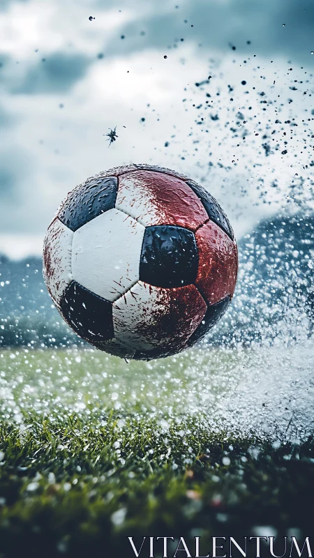 Wet soccer ball splashing up water on outdoor grass field.