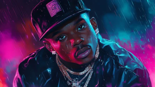 Moody neon portrait of a confident rapper in the rain.
