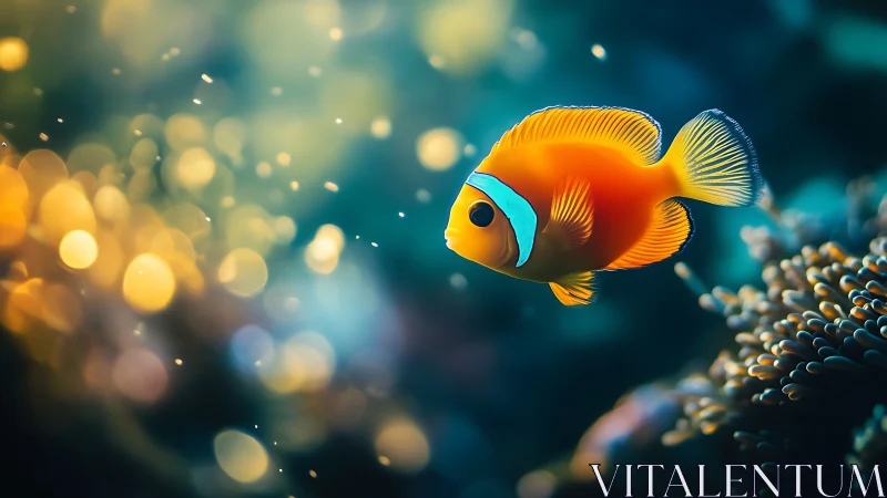 Bright orange reef fish with bokeh underwater background.