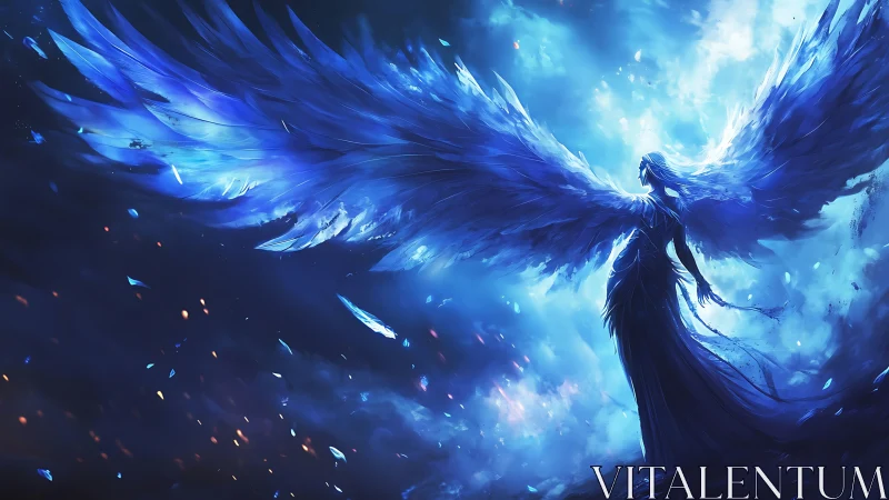 Radiant blue angel spreads luminous wings across the sky.
