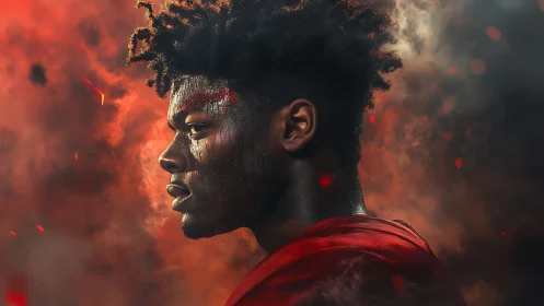 Determined athlete emerging through swirling embers and smoke.