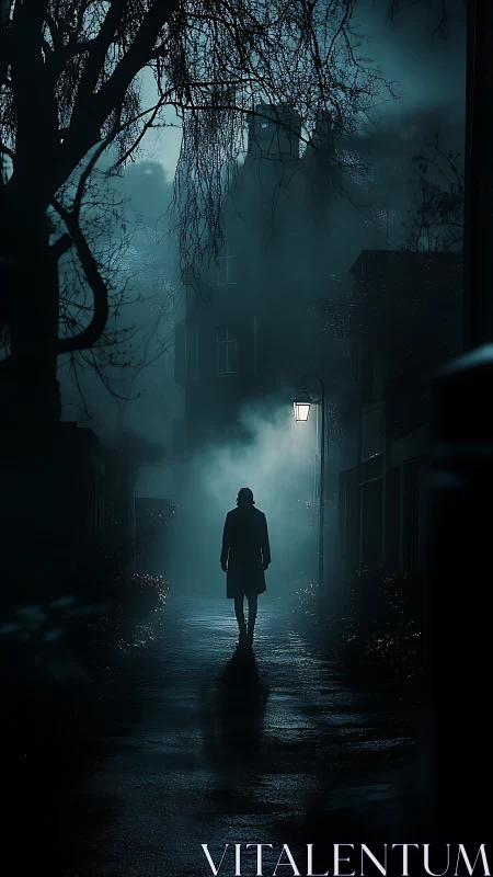 Backlit solitary figure in foggy alley with high contrast lighting