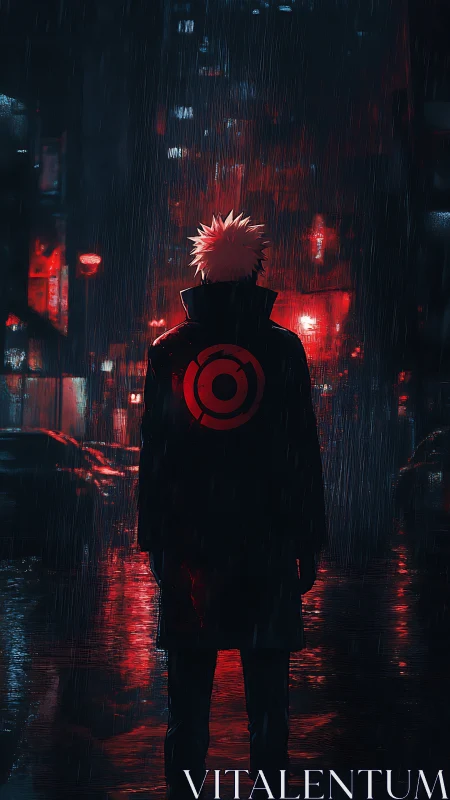 Backlit lone figure in neon rain-soaked alley with red emblem coat