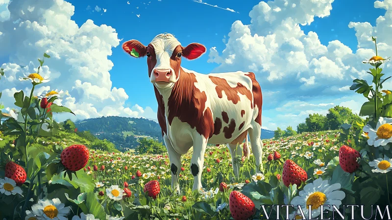 Digital painting of cow in alpine strawberry meadow panorama.
