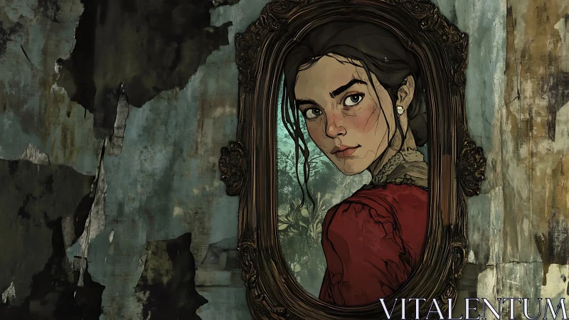 Victorian portrait in ornate mirror against decayed wall.