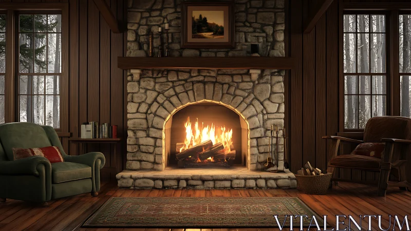Stone fireplace in wood-paneled room with winter view.