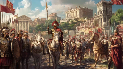 Triumphal Roman cavalry procession amid classical forum temples