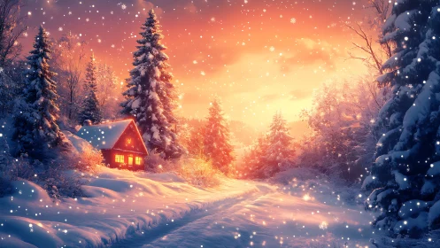 Snow-laden forest cabin under warm sunset gradient lighting