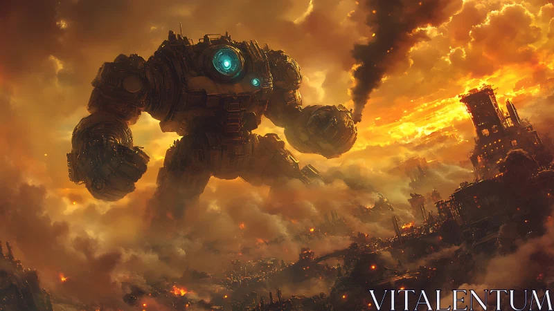 Colossal steampunk robot strides through a burning dusk city