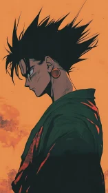 Brooding anime warrior in sunset glow and windswept calm.