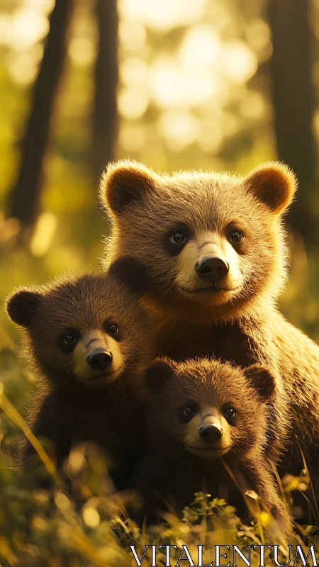 Photorealistic bear family portrait in golden forest light.